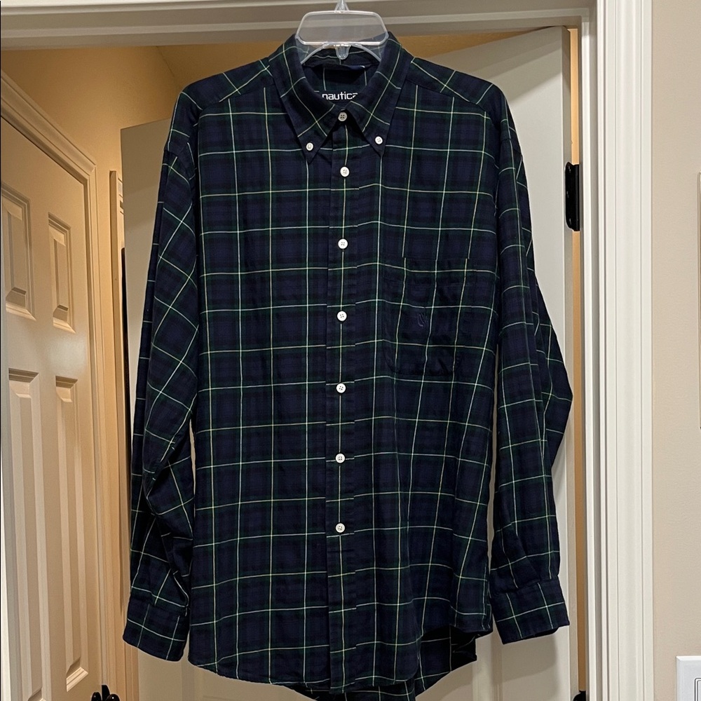 Nautica Men's Dark Blue and Green Checkered Shirt